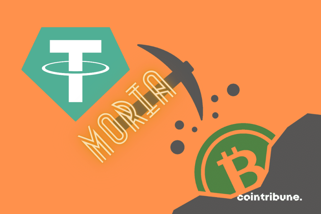 Vecteur de mining bitcoin, logo de Tether, mention "Moria"