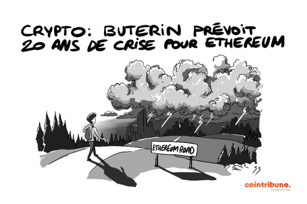 Une image illustrant la prévision de Buterin et intitulée : "Crypto : Buterin prévoit 20 ans de crise pour Ethereum"