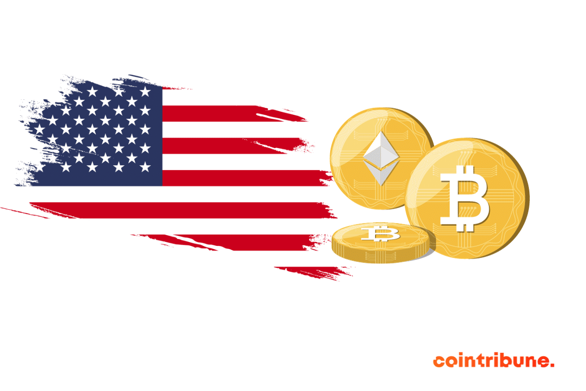 Le drapeau US et des pièces de cryptos