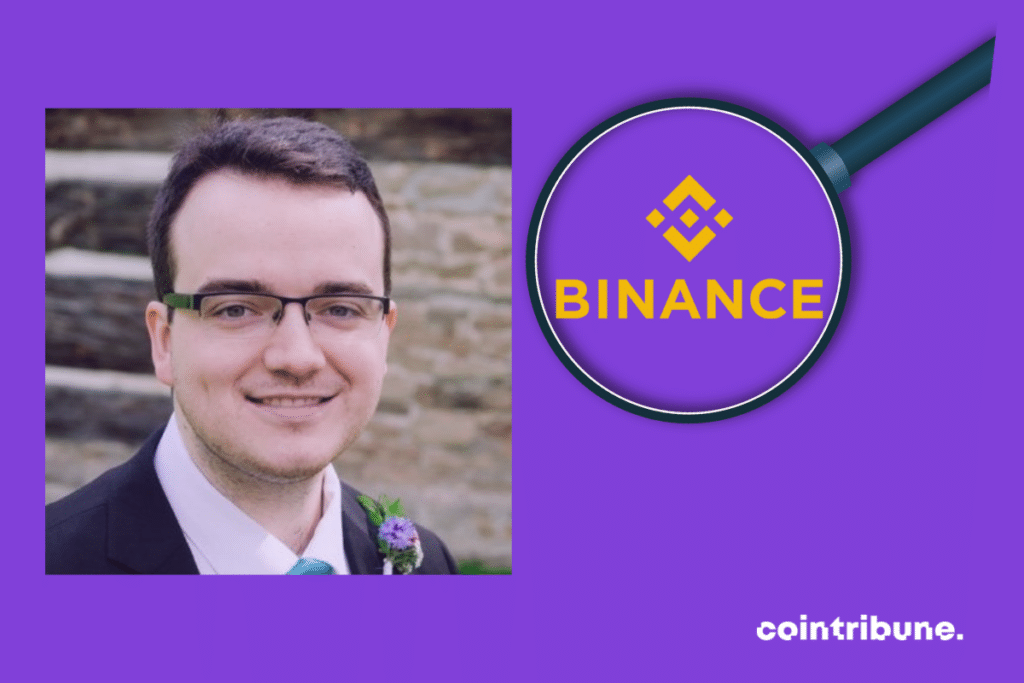 Photo d'Adam Cochran, logo de Binance dans une loupe