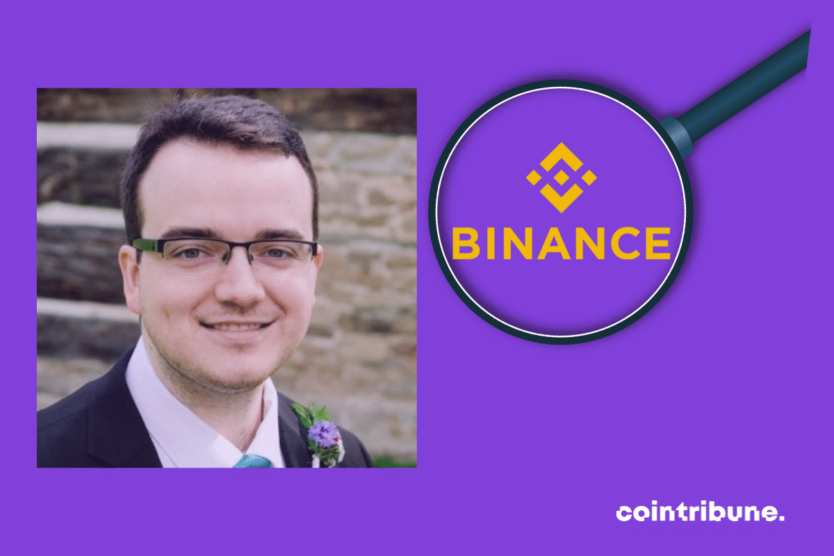 Photo d'Adam Cochran, logo de Binance dans une loupe