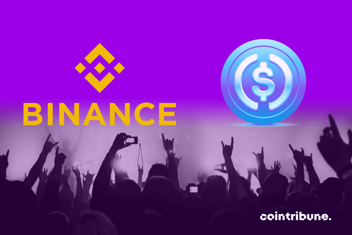 Photo de foule, logos de Binance et de l'USD Coin