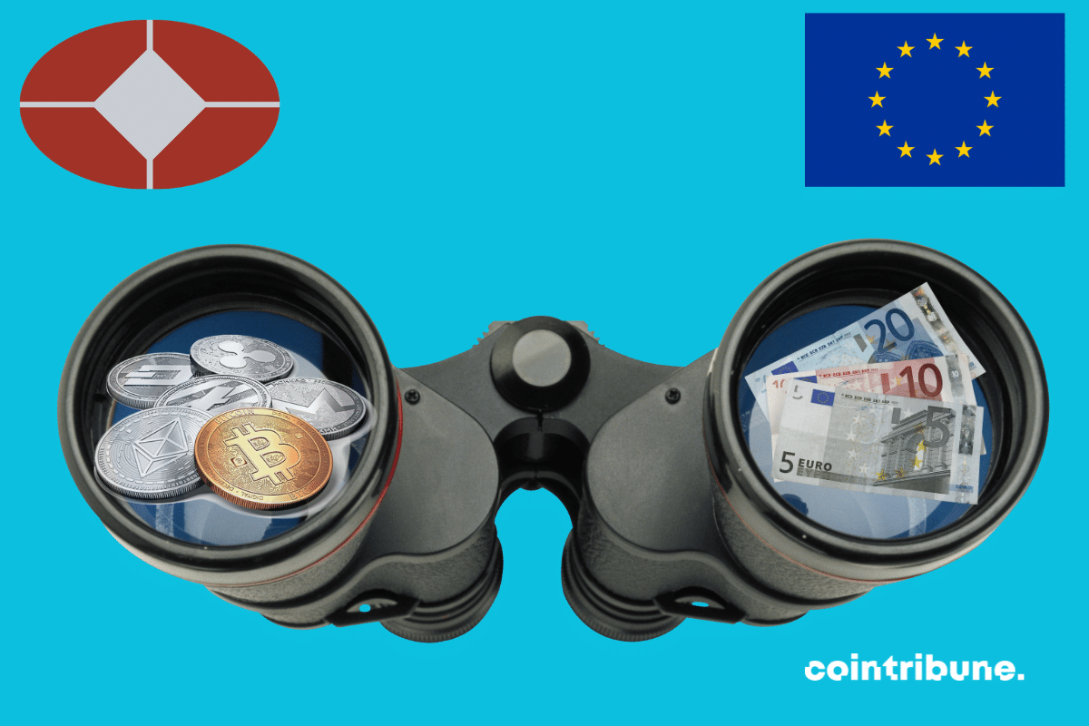 EU and BIS logos, photo of binoculars, cryptocurrency coins and euro bills