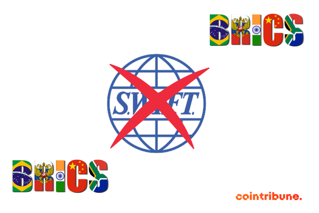 Logo de SWIFT et inscription BRICS, le groupe de pays qui veut se débarasser du dollar et de SWIFT