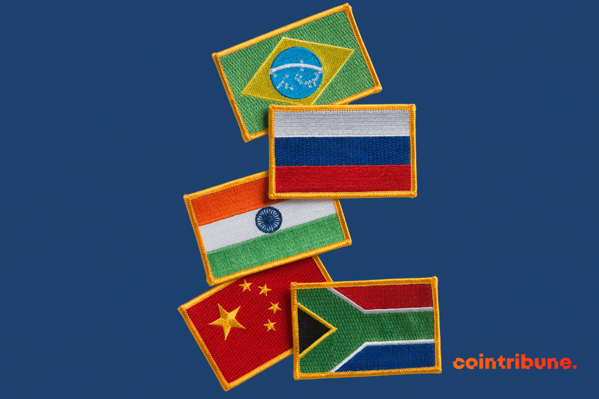 Drapeaux des pays des BRICS, qui veulent se débarrasser du dollar et s'éloignent des bons du Trésor US