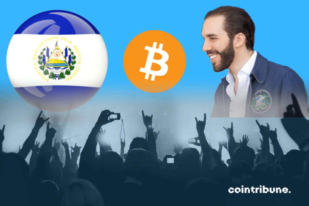 Photos of crowd and President Nayib Bukele, El Salvador flag and bitcoin logo