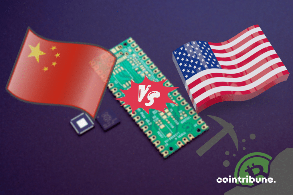 Image de puces électroniques, drapeaux de la Chine et des Etats-Unis, vecteur de mining bitcoin