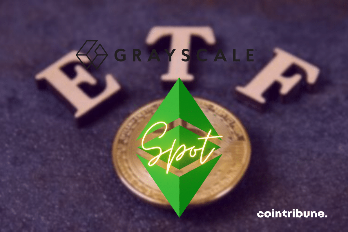 Vecteur d'ETF, logo d'Ethereum et Grayscale, mention "spot"