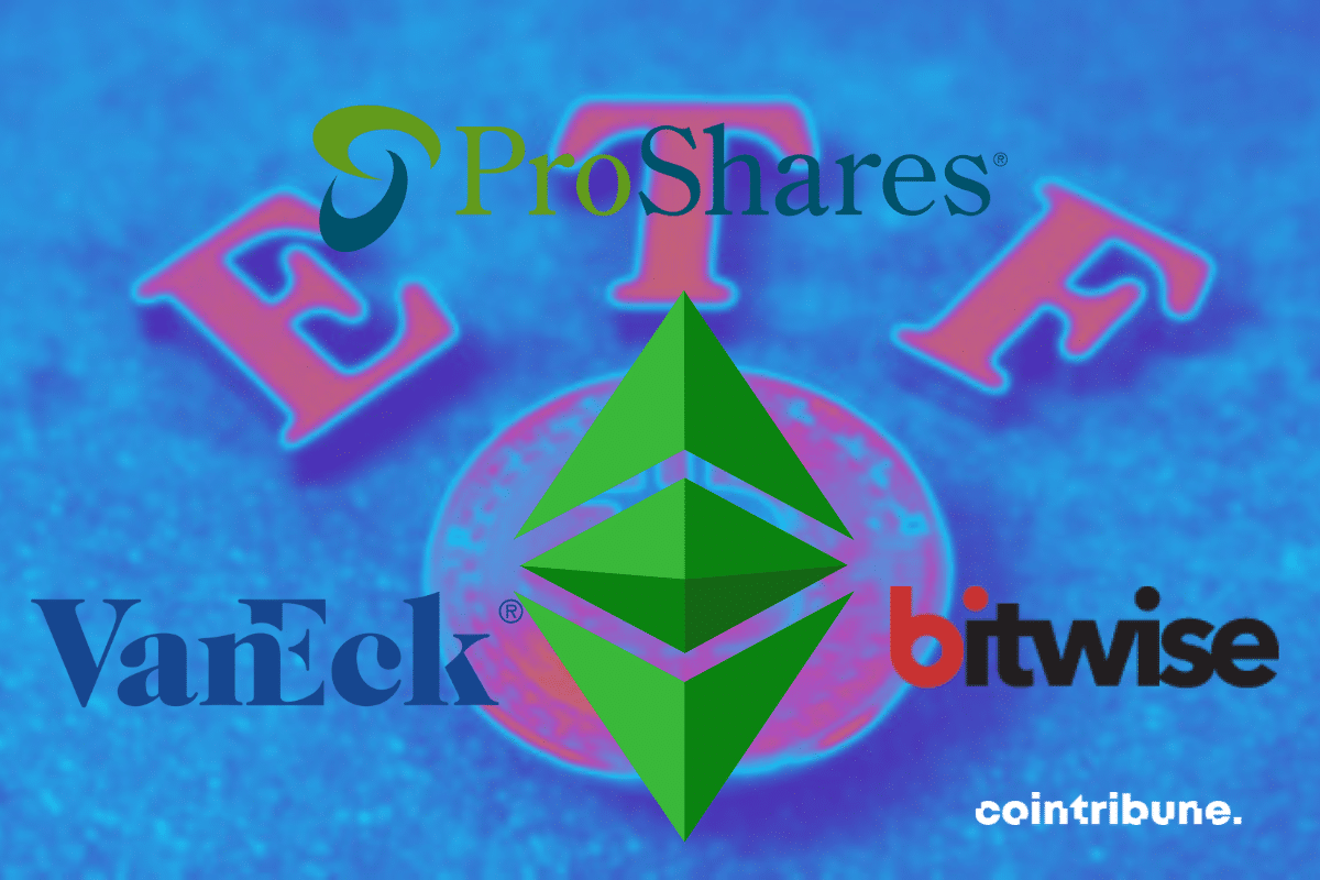 Vecteur ETF Bitcoin, logos d'Ethereum, VanEck, ProShares et Bitwise