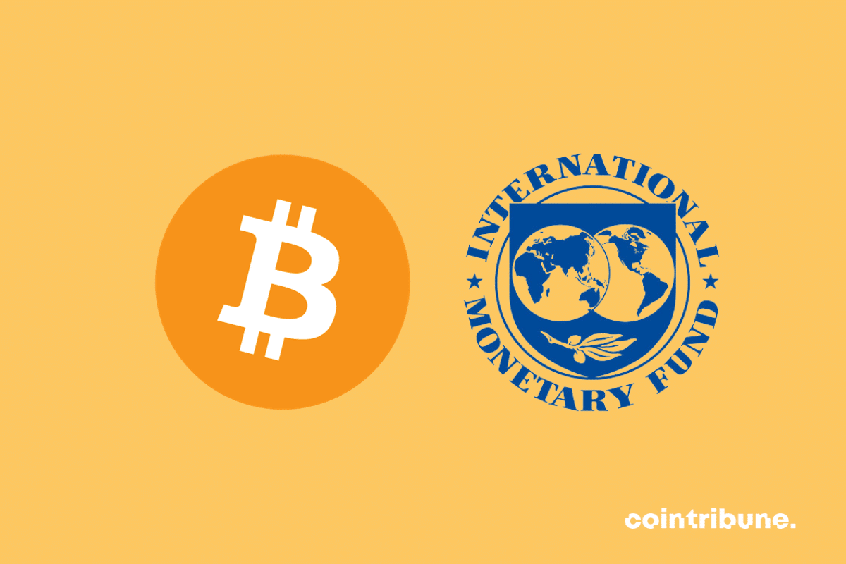 Logos of the IMF and bitcoin, the flagship crypto