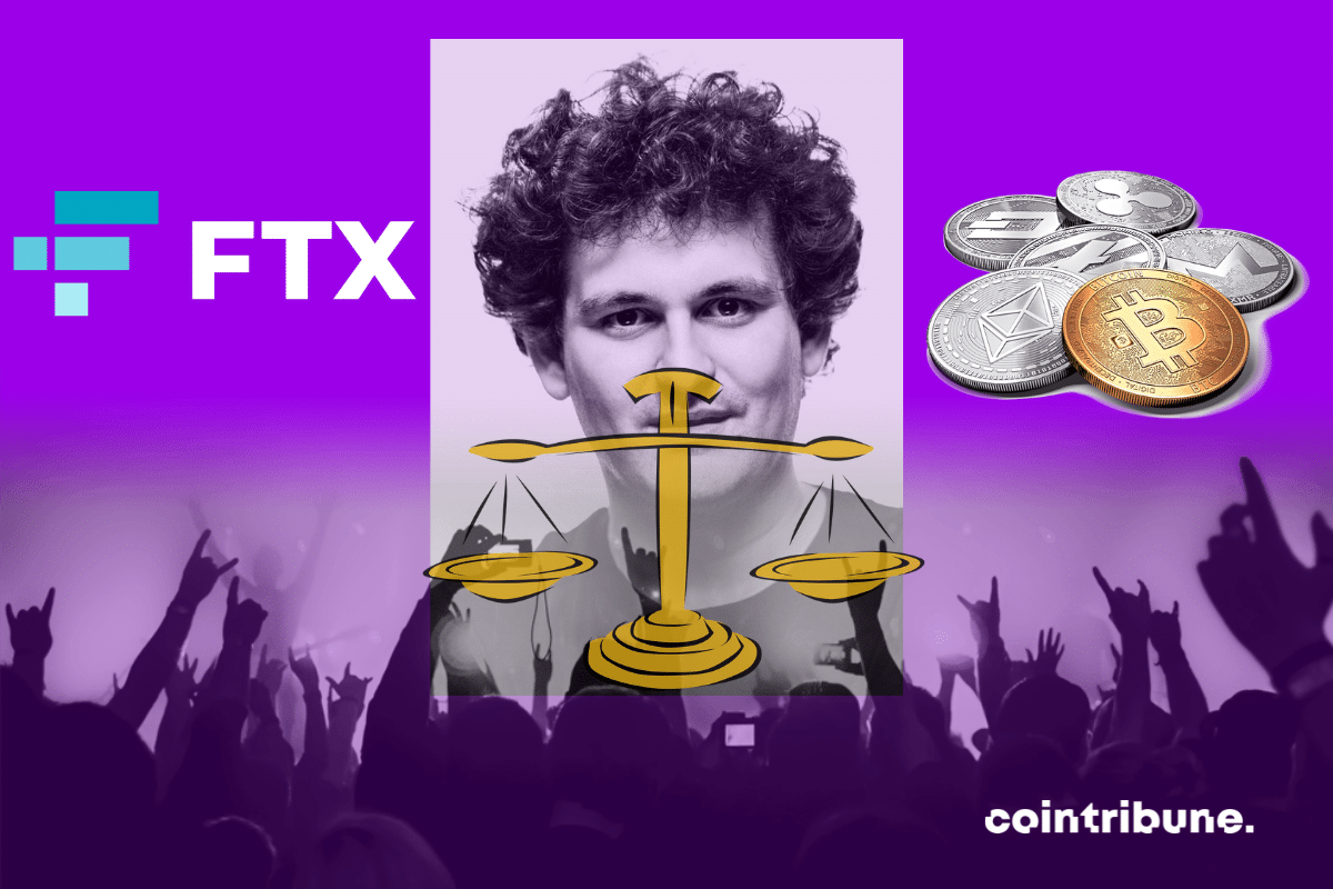 Photos of Sam Bankman-Fried and crowd, FTX logo, cryptocurrency coins and justice vector