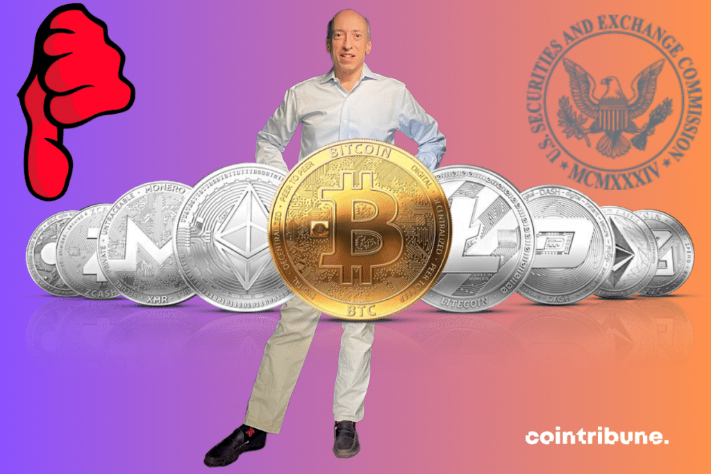 Photo de Gary Gensler, logo de la SEC, pièces de cryptomonnaies et pouce inversée