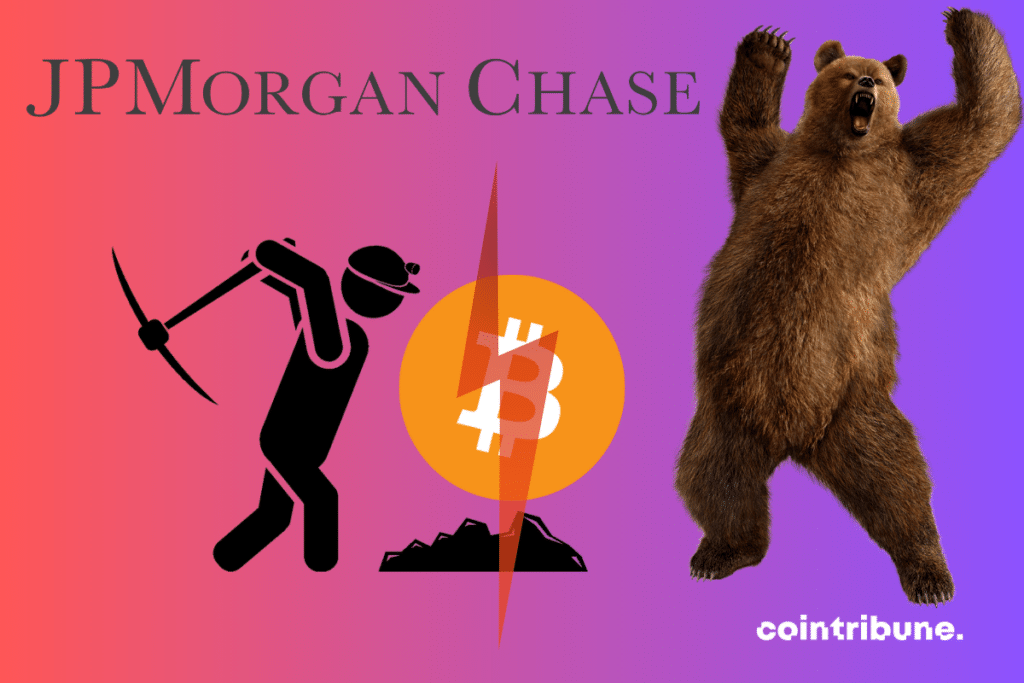 Photo d'ours, de mineur, logos de Bitcoin et de JP Morgan Chase