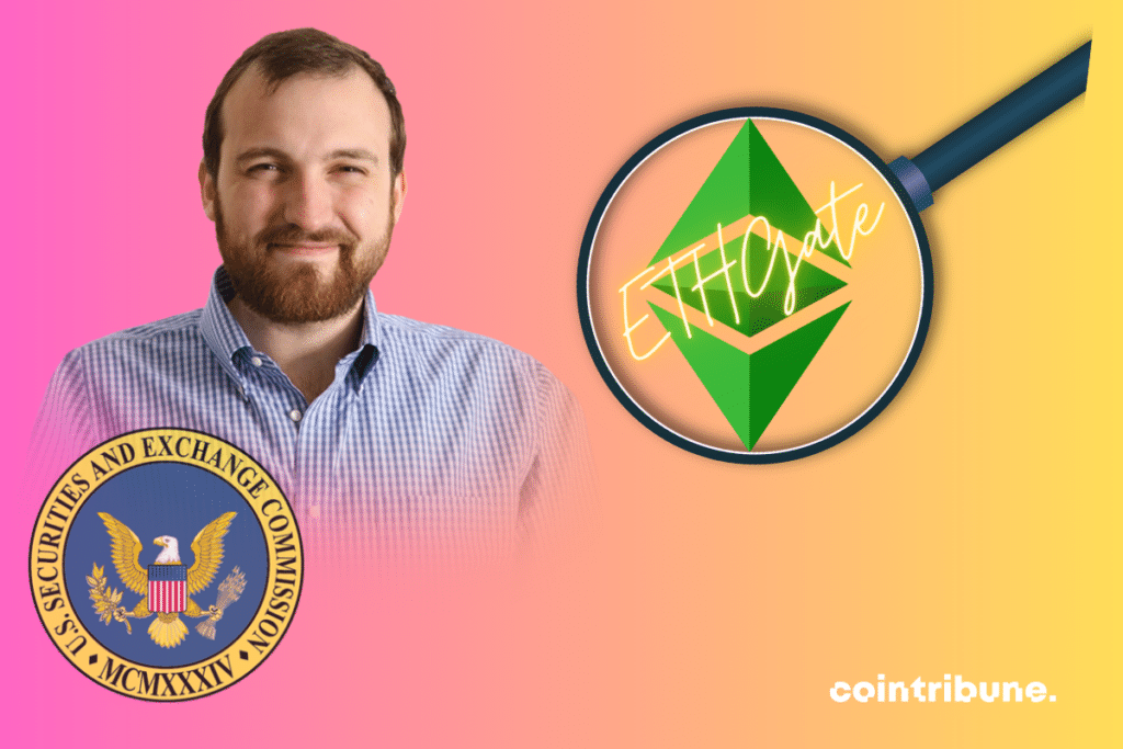 Photo de Charles Hoskinson, logos de la SEC et d'Ethereum et mention "ETHGate"