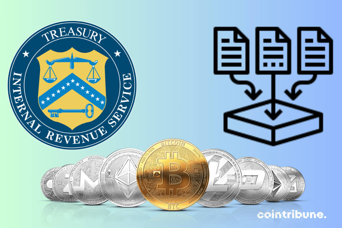 Logo de l'IRS, icône de données, et pièces de cryptomonnaies