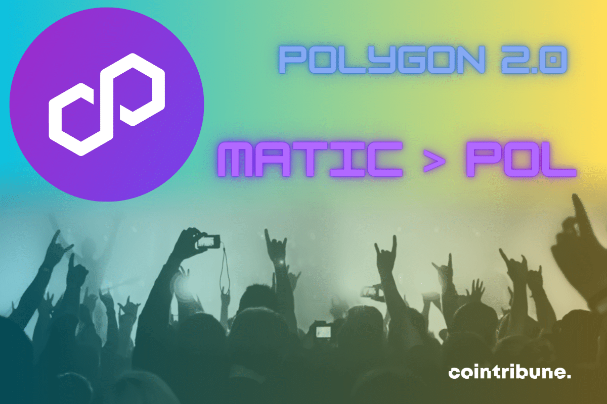 Photo de foule, logo de Polygon, mentions "Polygon 2.0", "Matic" et "POL"