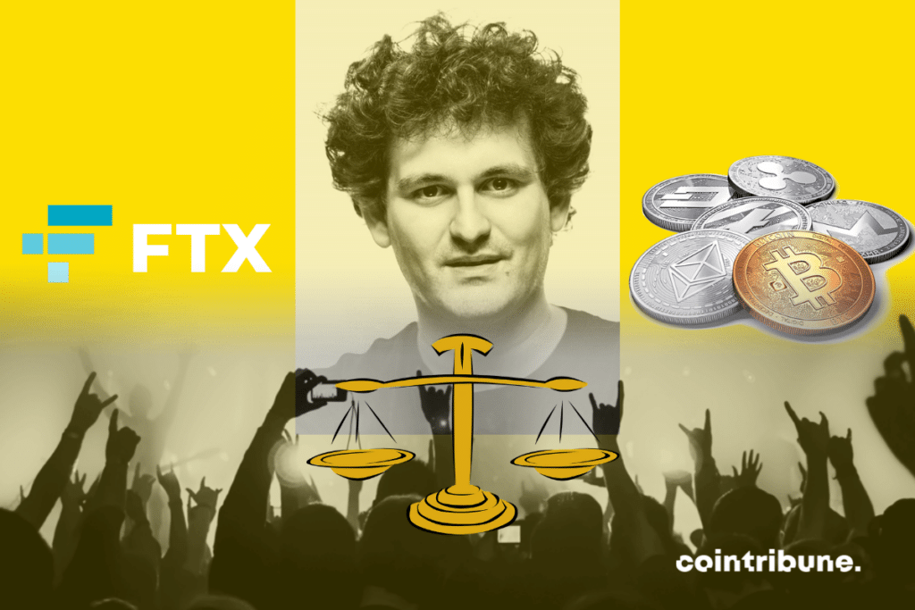 crypto, Photos de Sam Bankman-Fried et de foule, logo de FTX, pièces de crypto et vecteur de justice