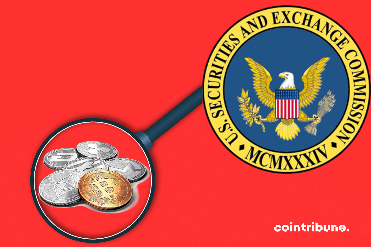 Photo de loupe et de pièces de cryptomonnaies, logo de la SEC