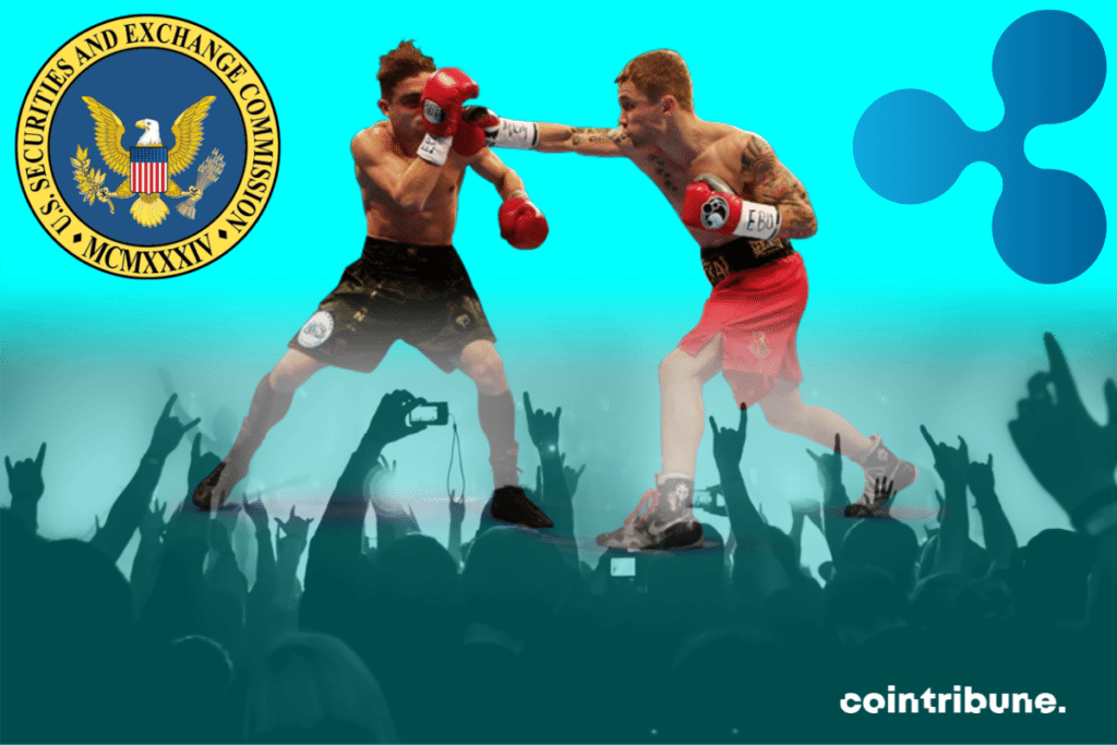 Photos of boxers, crowds, SEC and Ripple logos