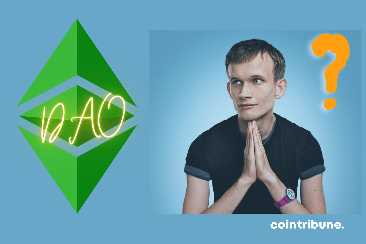 Photo of Vitalik Buterin, Ethereum logo, DAO mention.