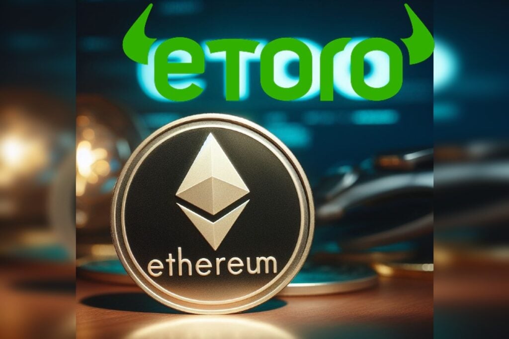 Une pièce d'Ethereum cryptomonnaie avec le logo de eToro