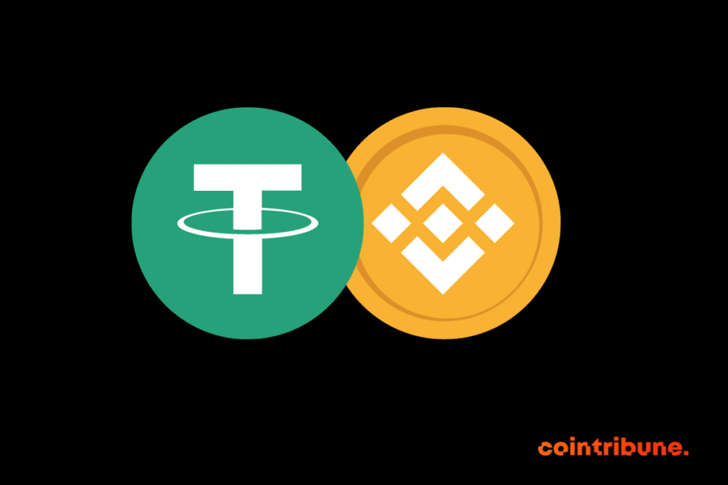 Les logos de Binance et de Tether