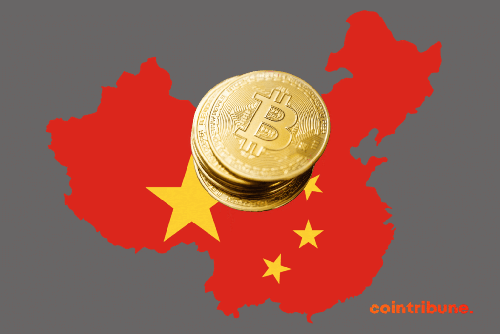 China's flag and a pile of bitcoins