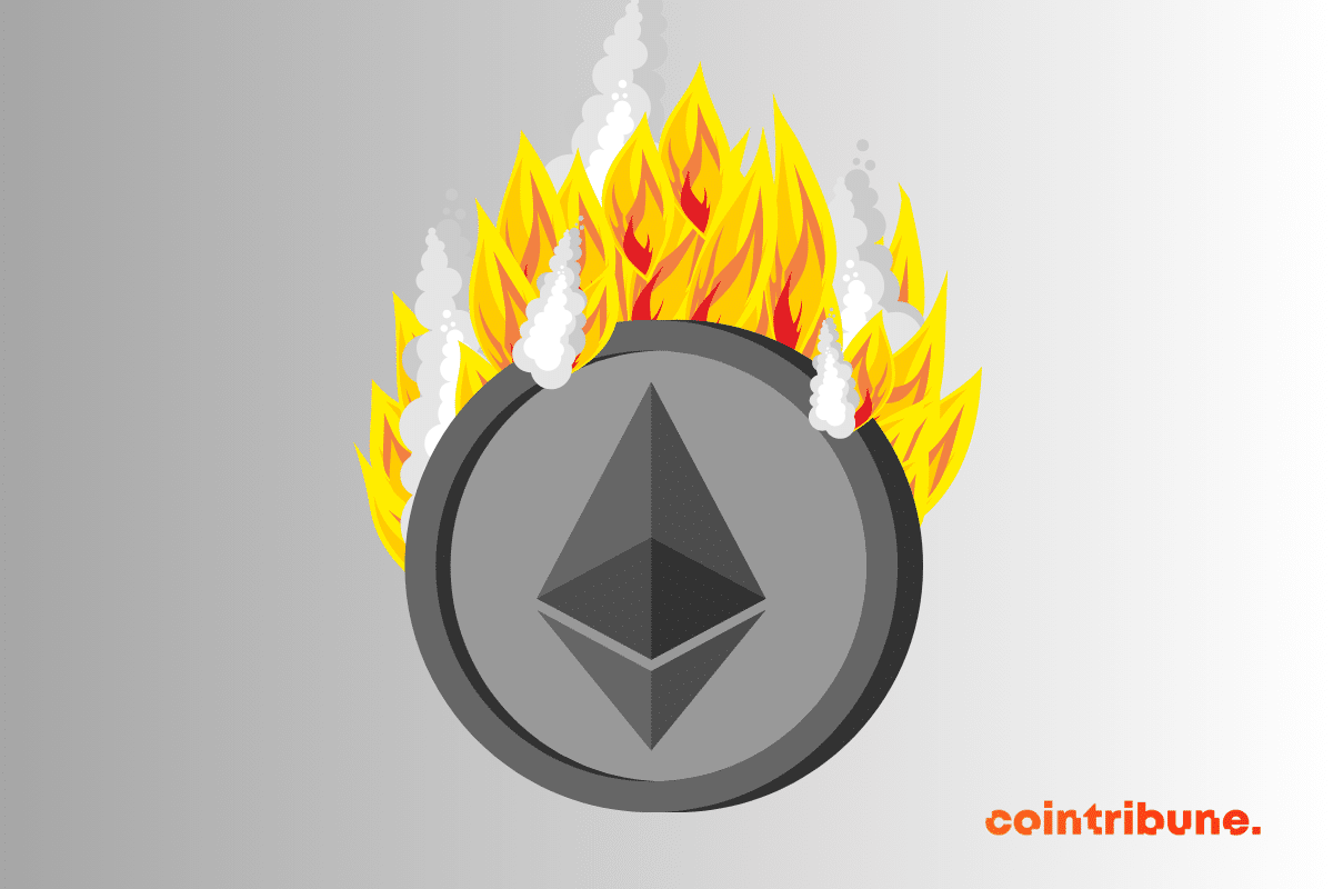 Une pièce physique d'ether, la crypto native de la blockchain Ethereum en feu
