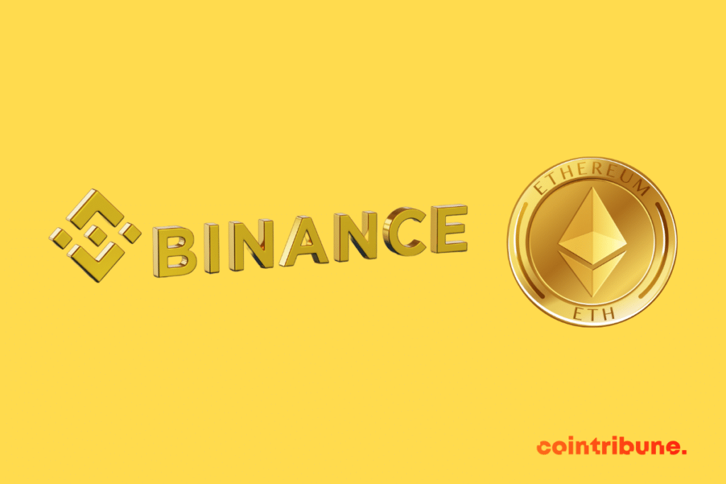 Une pièce d'ether, la crypto native de la blockchain Ethereum et le logo de Binance