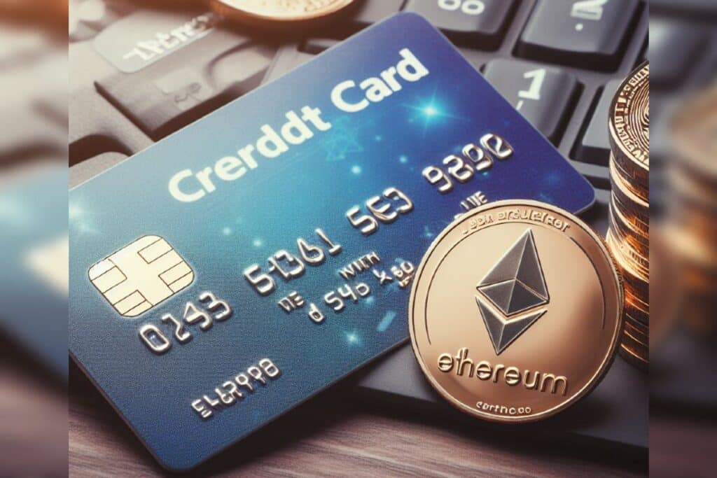 Une pièce d'ethereum à côté d'une carte bancaire