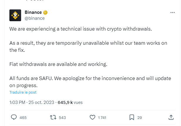 Tweet de Binance pour annoncer le problème technique