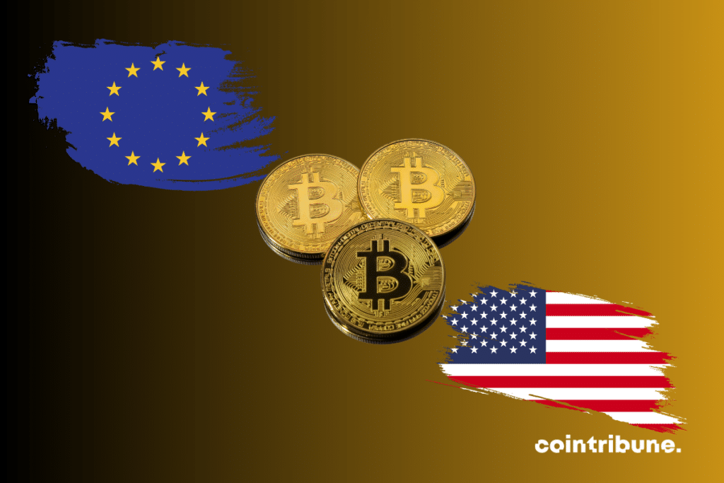 Les drapeaux de l'Union européenne et des USA séparés par trois pièces de bitcoin, la crypto ou cryptomonnaie phare