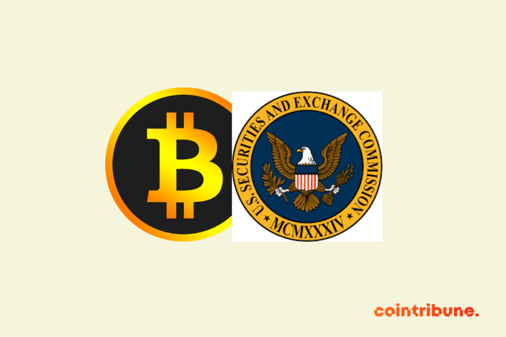 Logos of the SEC and bitcoin, the flagship crypto