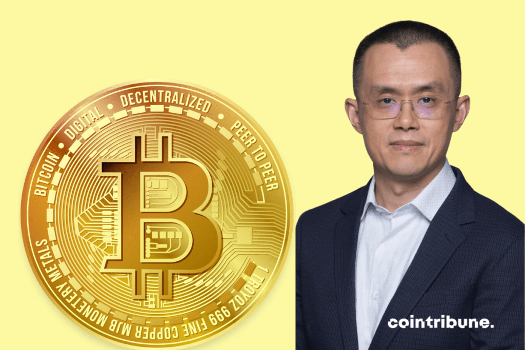 Une photo du PDG de Binance et une pièce de Bitcoin