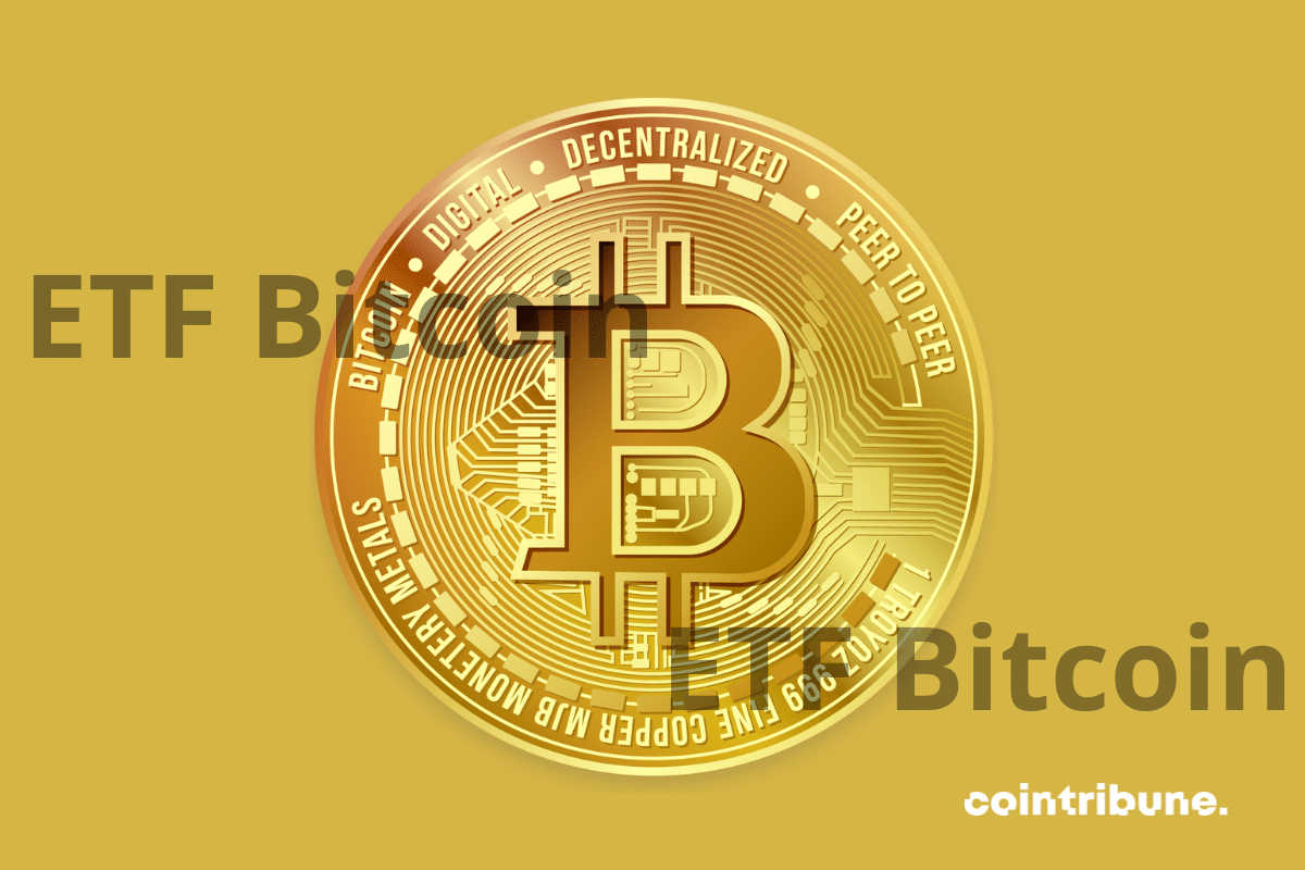 Une pièce de Bitcoin avec les mentions ETF Bitcoin