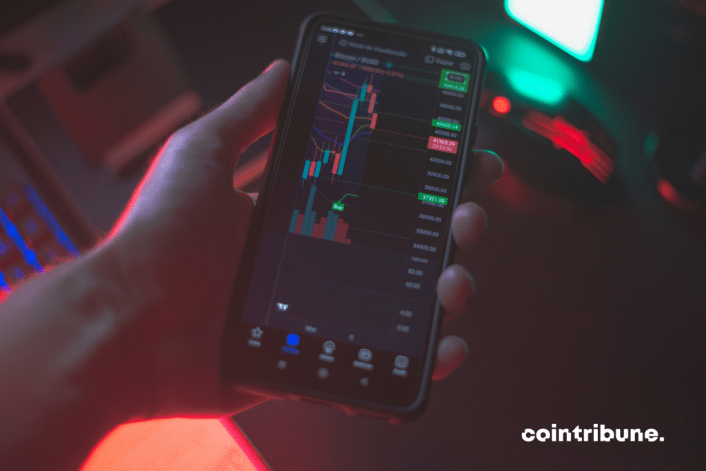 A trader viewing his charts on his phone