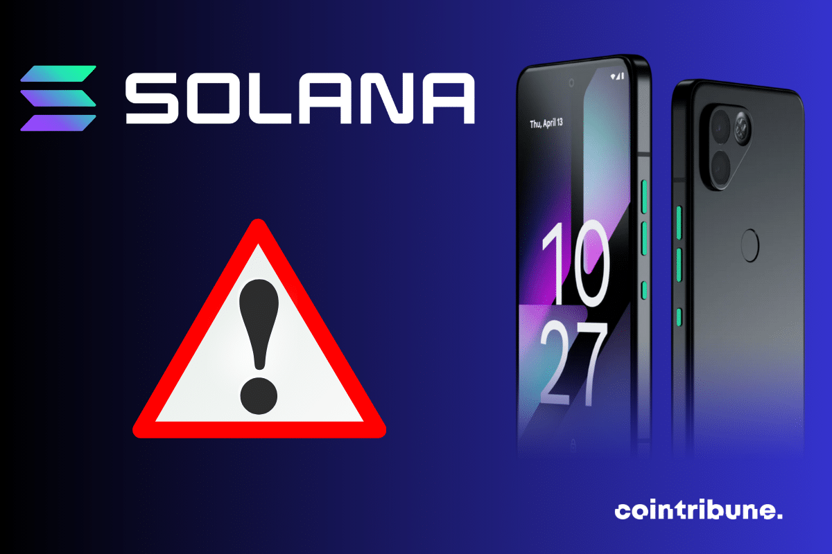 Photo du smartphone Saga, logo de Solana et icône alerte
