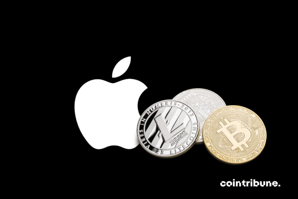 Coins of some cryptos and the logo of Apple, the tech giant