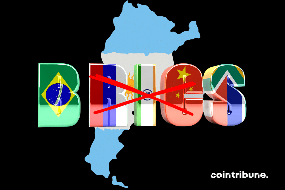 L'inscription BRICS, barrée d'une croix rouge avec en arrière plan le drapeau de l'Argentine, qui pourrait opter prochainement pour le dollar au détriment de la monnaie des BRICS