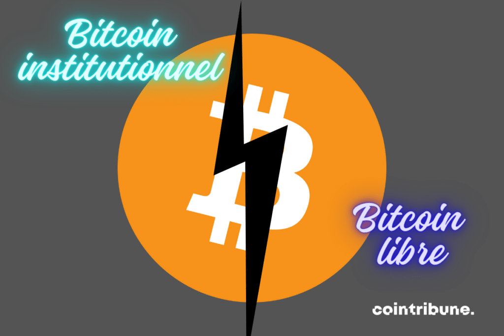 Logo de bitcoin séparé par un éclair, mentions "bitcoin institutionnel" et "bitcoin libre"