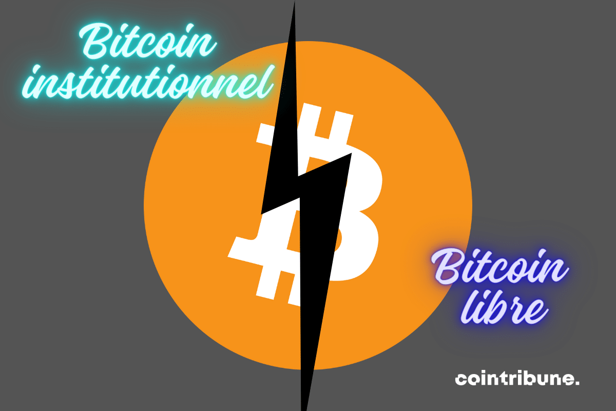 Logo de bitcoin séparé par un éclair, mentions "bitcoin institutionnel" et "bitcoin libre"