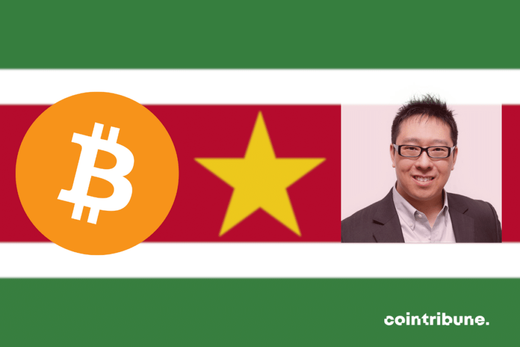 Drapeau du Suriname, portrait de Samson Mow et logo de bitcoin