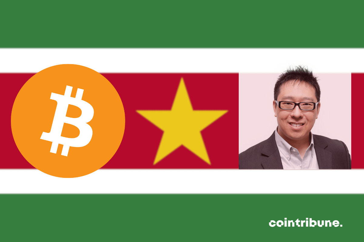 Drapeau du Suriname, portrait de Samson Mow et logo de bitcoin