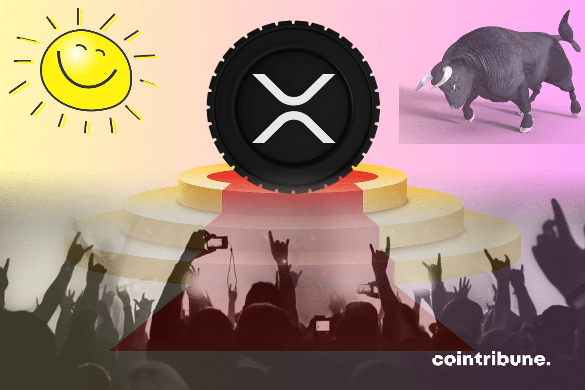 Photos of bull, crowd, sun and podium, XRP logo