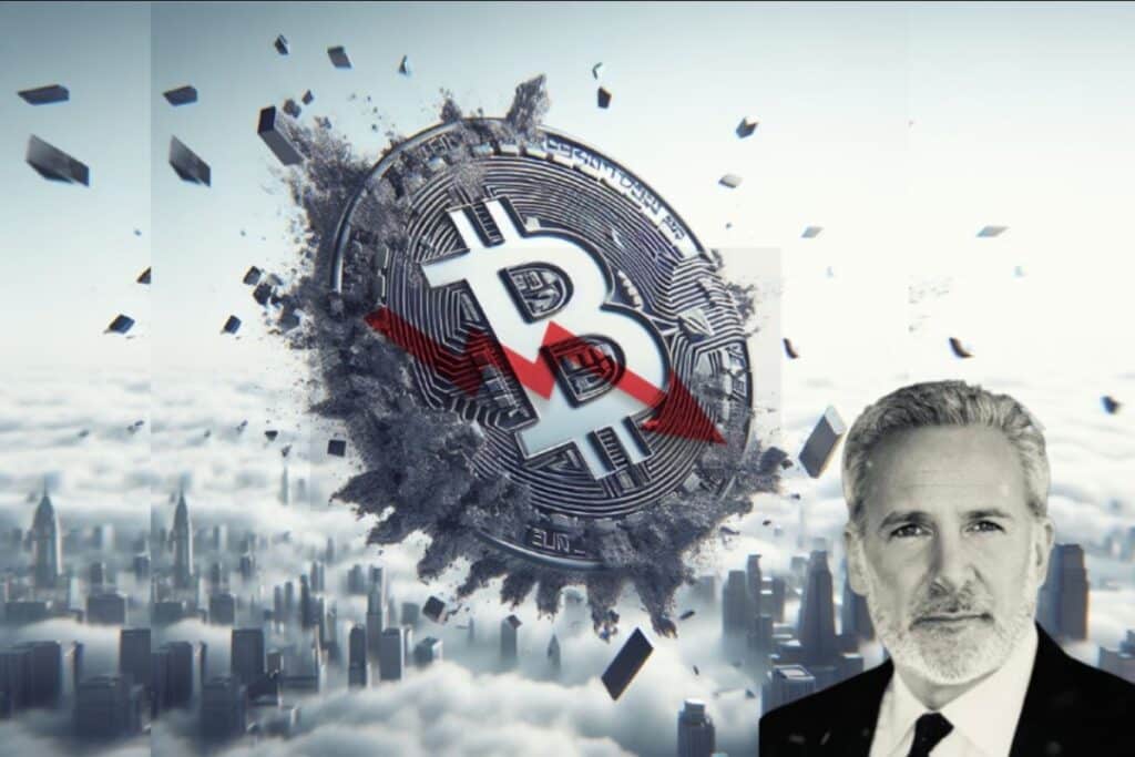Bitcoin - A falling Bitcoin coin with Peter Schiff's face on it