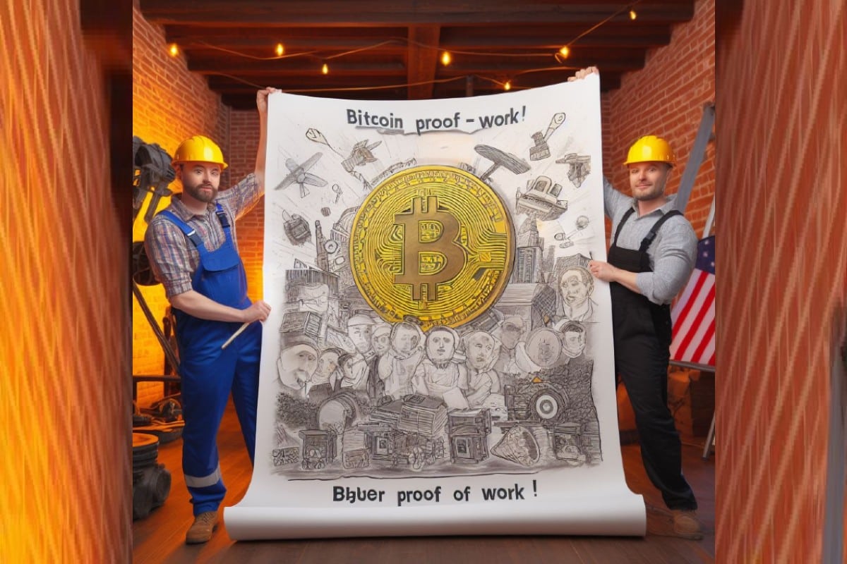 Two Bitcoin miners present their proof of work on a large white piece of paper