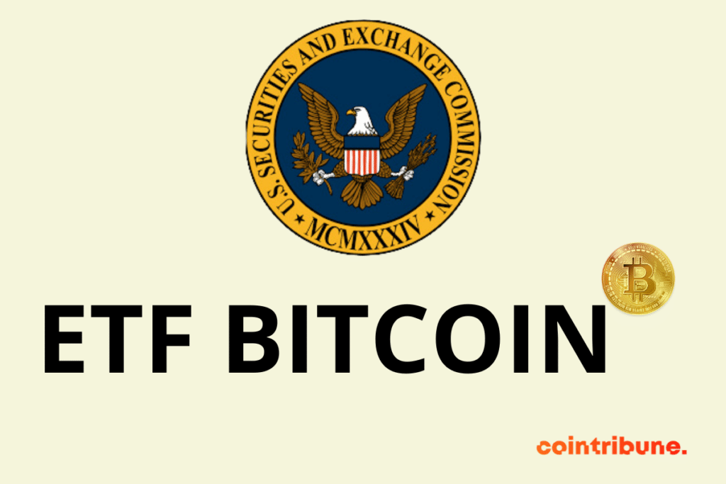 The SEC logo, the inscription “ETF Bitcoin” and a coin of the flagship crypto