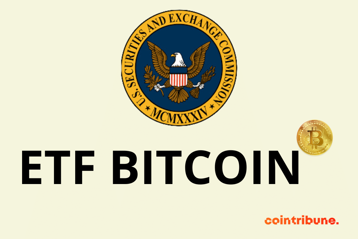 Le logo de la SEC, l'inscription "ETF Bitcoin" et une pièce de la crypto phare