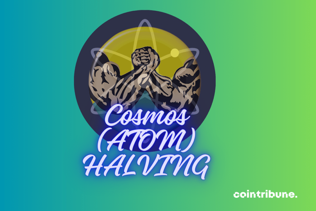 Logo de Cosmos, icône bras de fer, mention "Cosmos (ATOM) Halving"