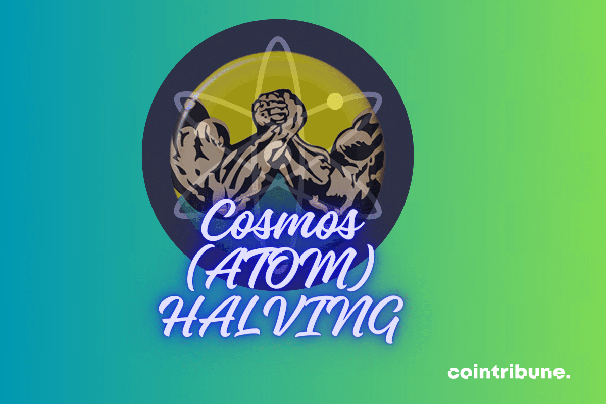 Logo de Cosmos, icône bras de fer, mention "Cosmos (ATOM) Halving"